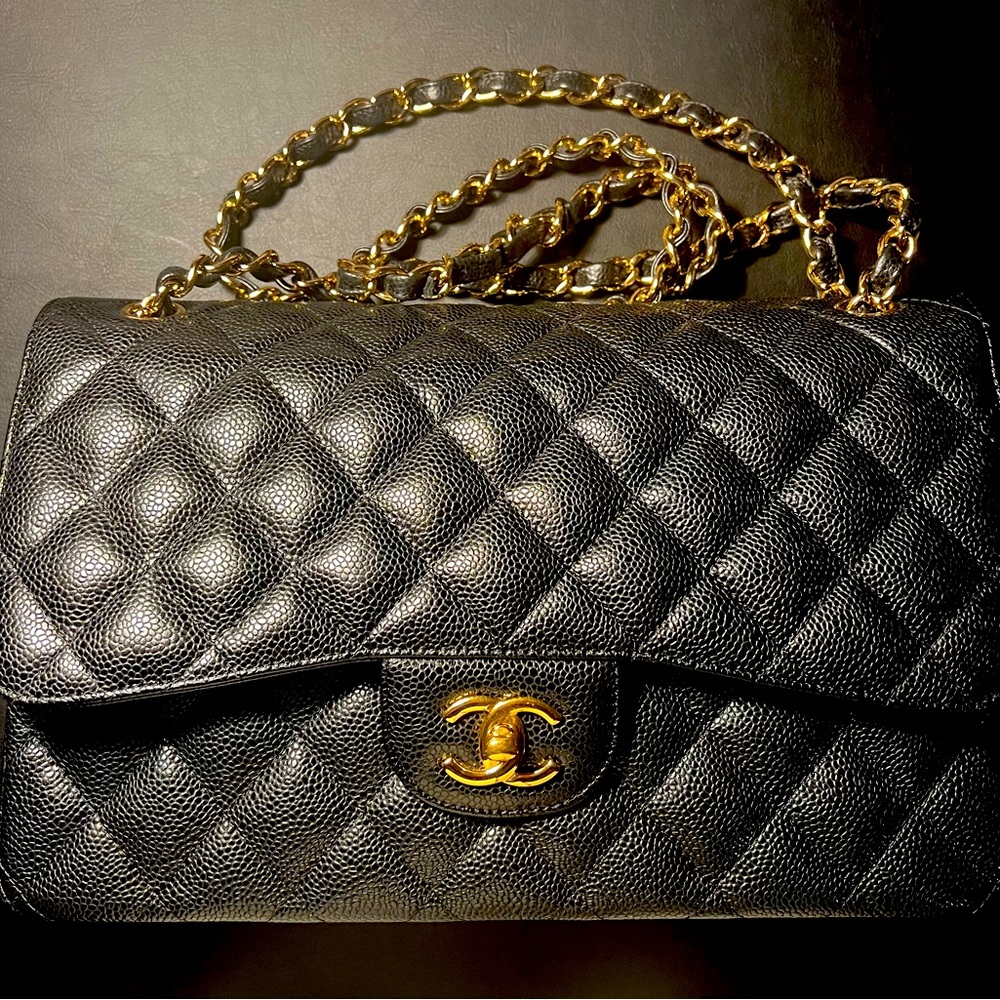 Authentic Chanel Caviar Quilted Jumbo Double Flap Black with Gold Hardware